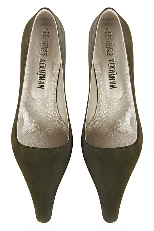 Khaki green women's dress pumps,with a square neckline. Pointed toe. Medium comma heels. Top view - Florence KOOIJMAN
